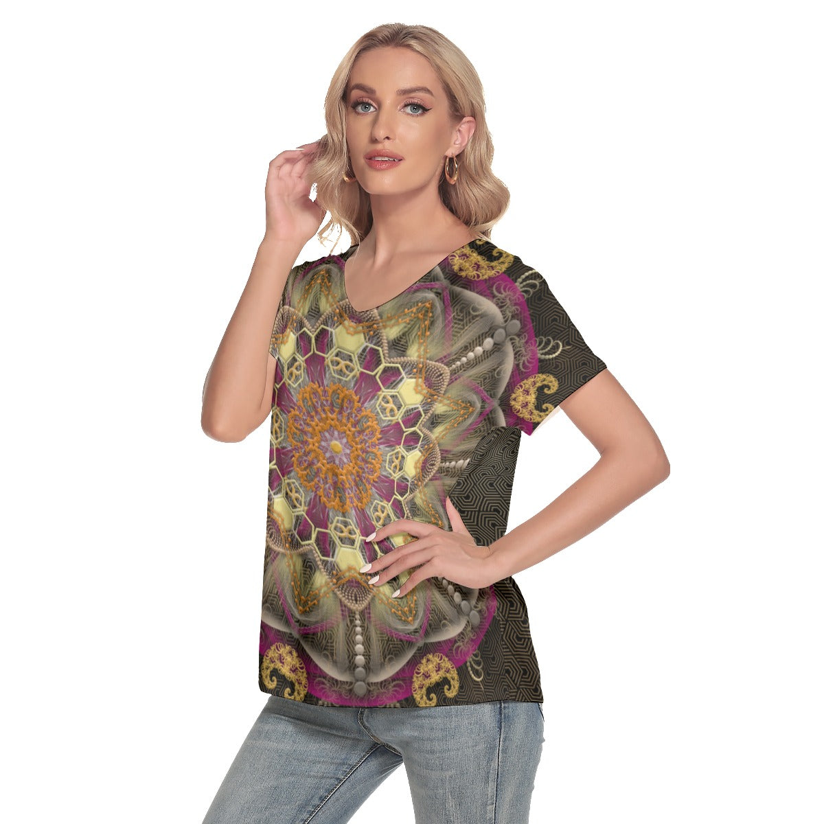 All-Over Print Women's Loose V-neck Short Sleeve T-shirt