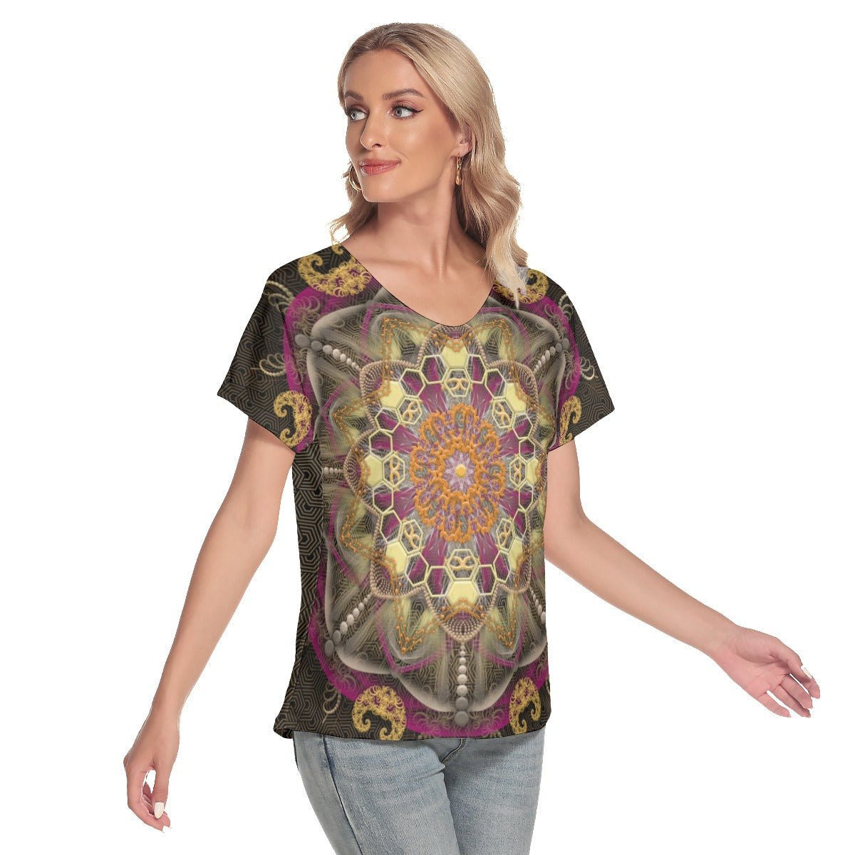 All-Over Print Women's Loose V-neck Short Sleeve T-shirt