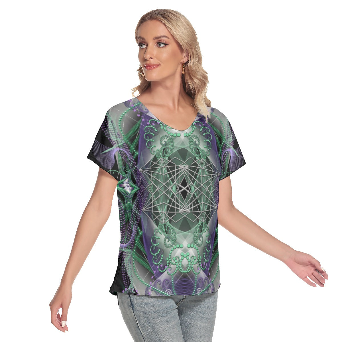 All-Over Print Women's Loose V-neck Short Sleeve T-shirt