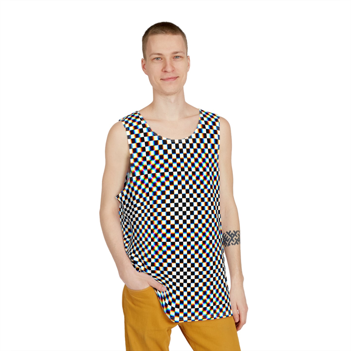 Retro Vibe Men's Tank Top - Colorful Checker Pattern for Summer Style