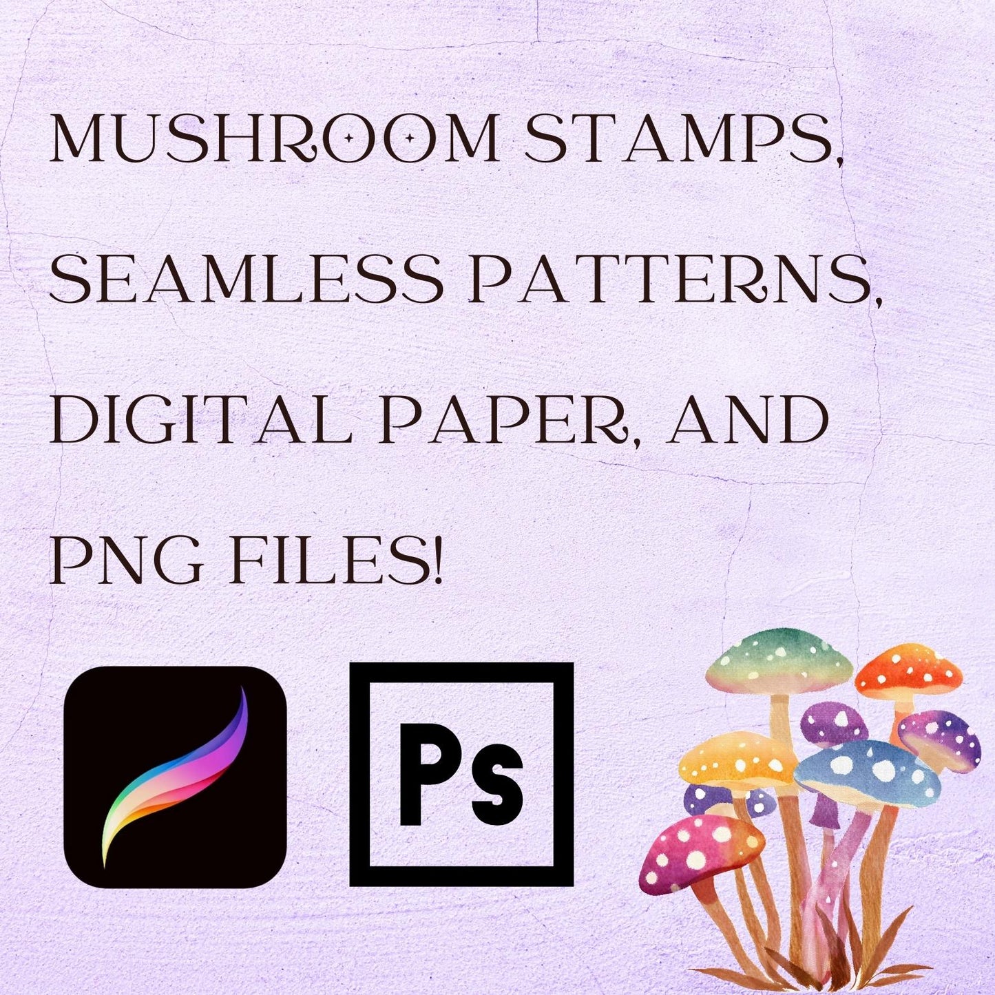 Mushroom Brushes and Stamps, PNG pack, Backgrounsd, and Bonus items!