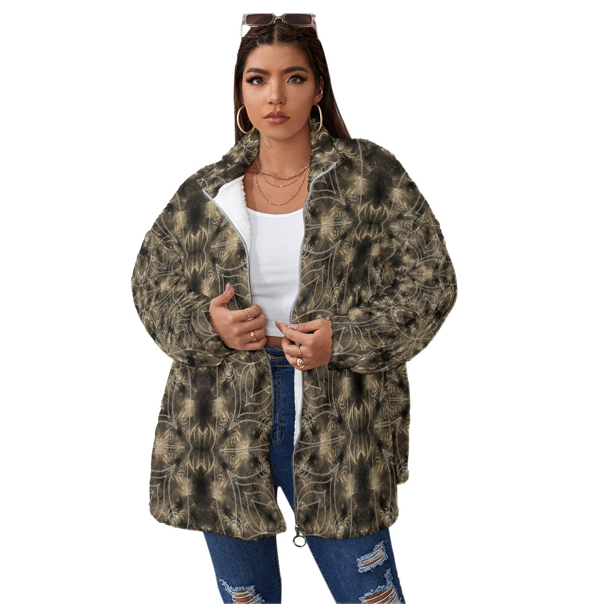 All-Over Print Unisex Borg Fleece Stand-up Collar Coat With Zipper Closure(Plus Size)