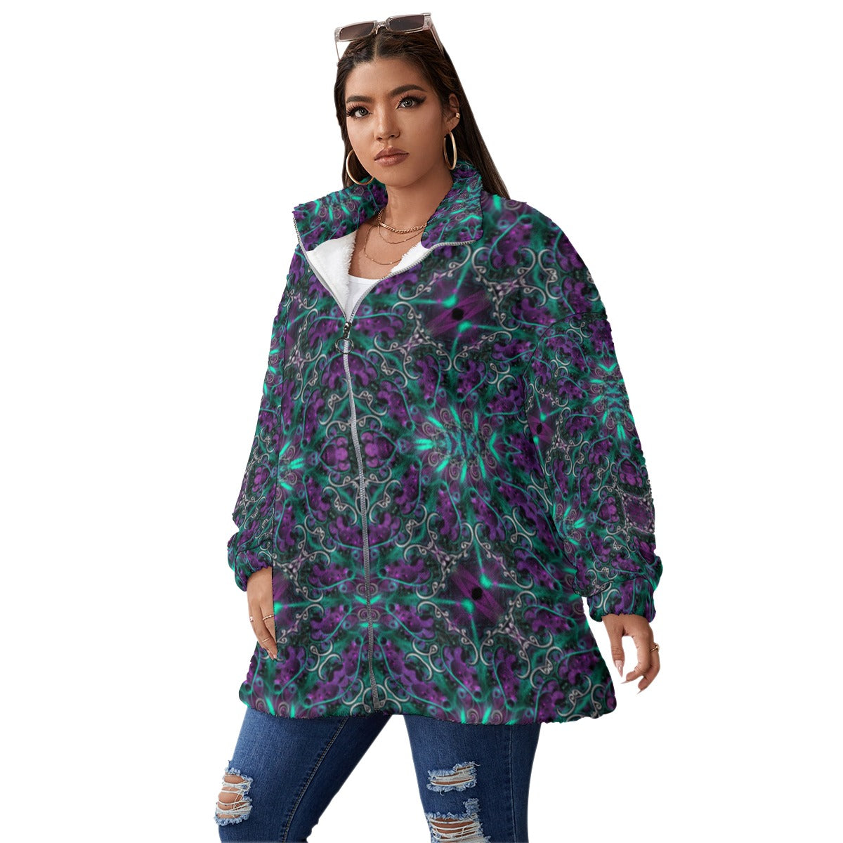 All-Over Print Unisex Borg Fleece Stand-up Collar Coat With Zipper Closure(Plus Size)