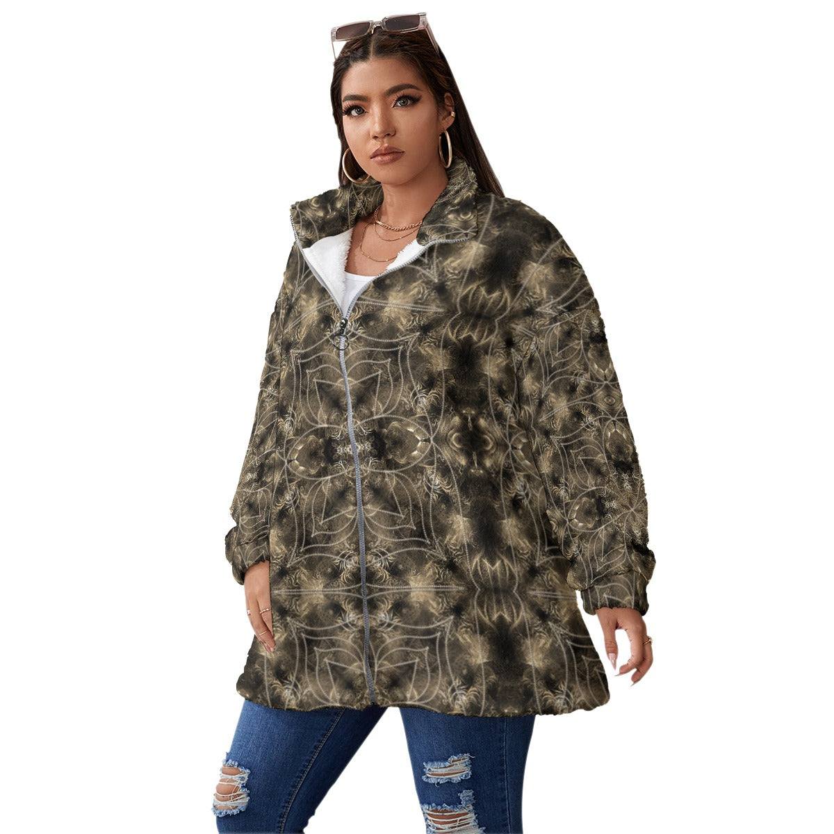 All-Over Print Unisex Borg Fleece Stand-up Collar Coat With Zipper Closure(Plus Size)