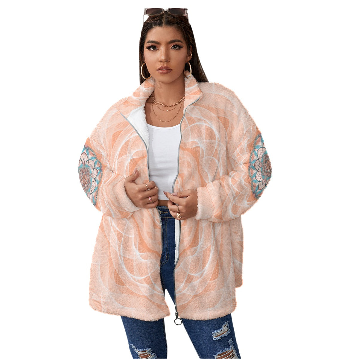 All-Over Print Unisex Borg Fleece Stand-up Collar Coat With Zipper Closure(Plus Size)