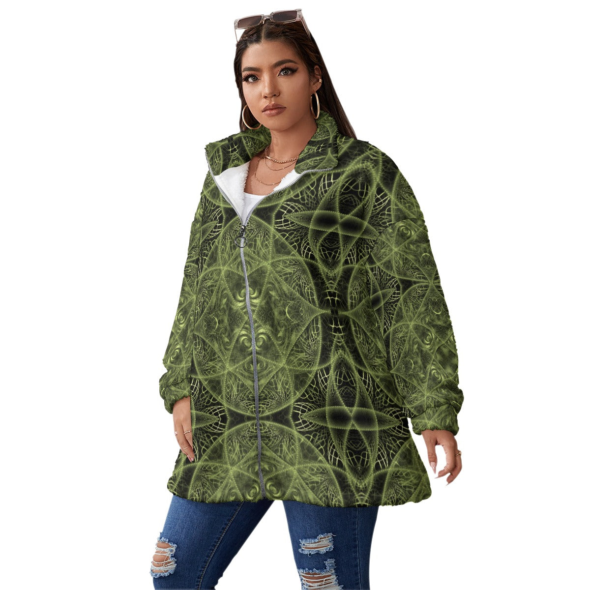 All-Over Print Unisex Borg Fleece Stand-up Collar Coat With Zipper Closure(Plus Size)