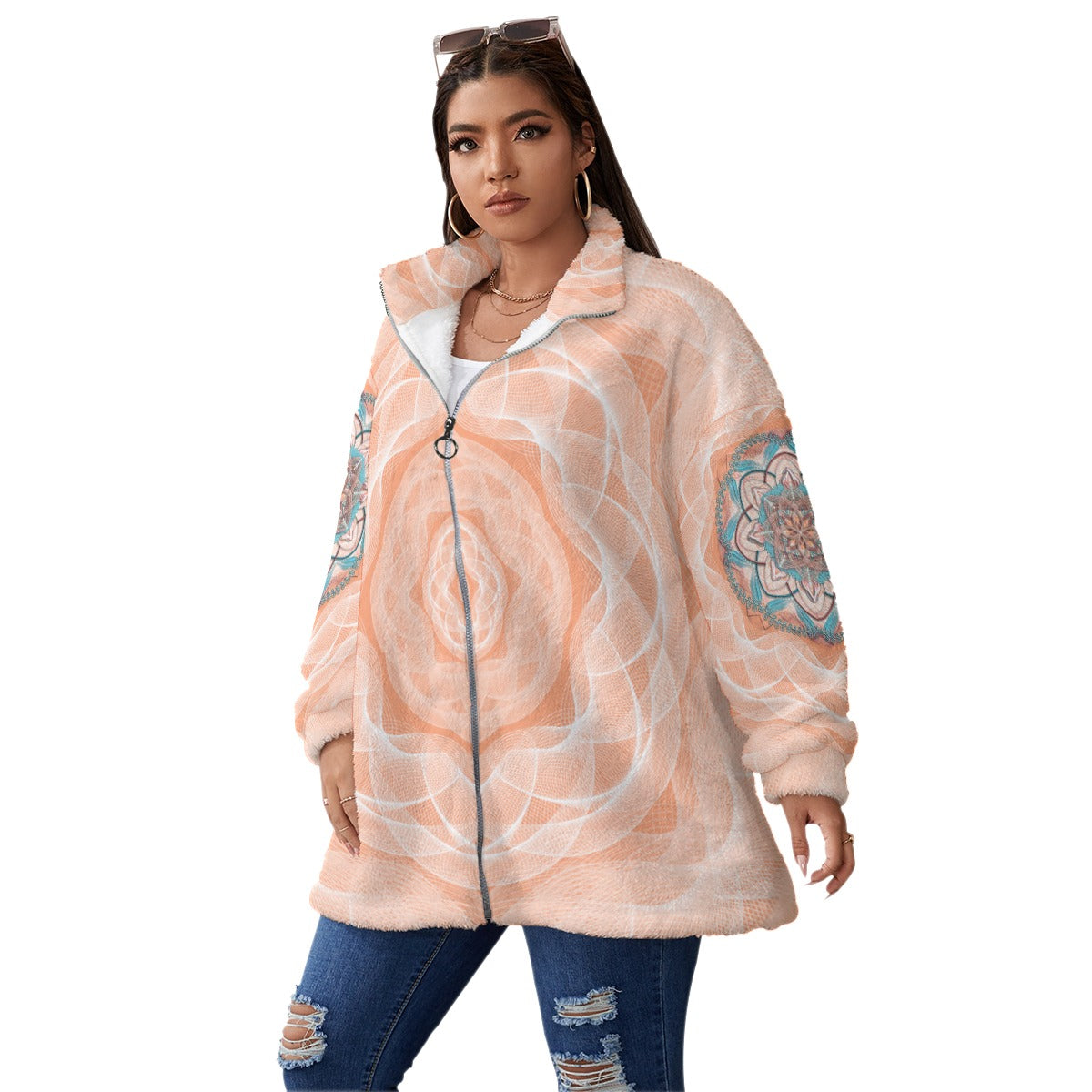 All-Over Print Unisex Borg Fleece Stand-up Collar Coat With Zipper Closure(Plus Size)