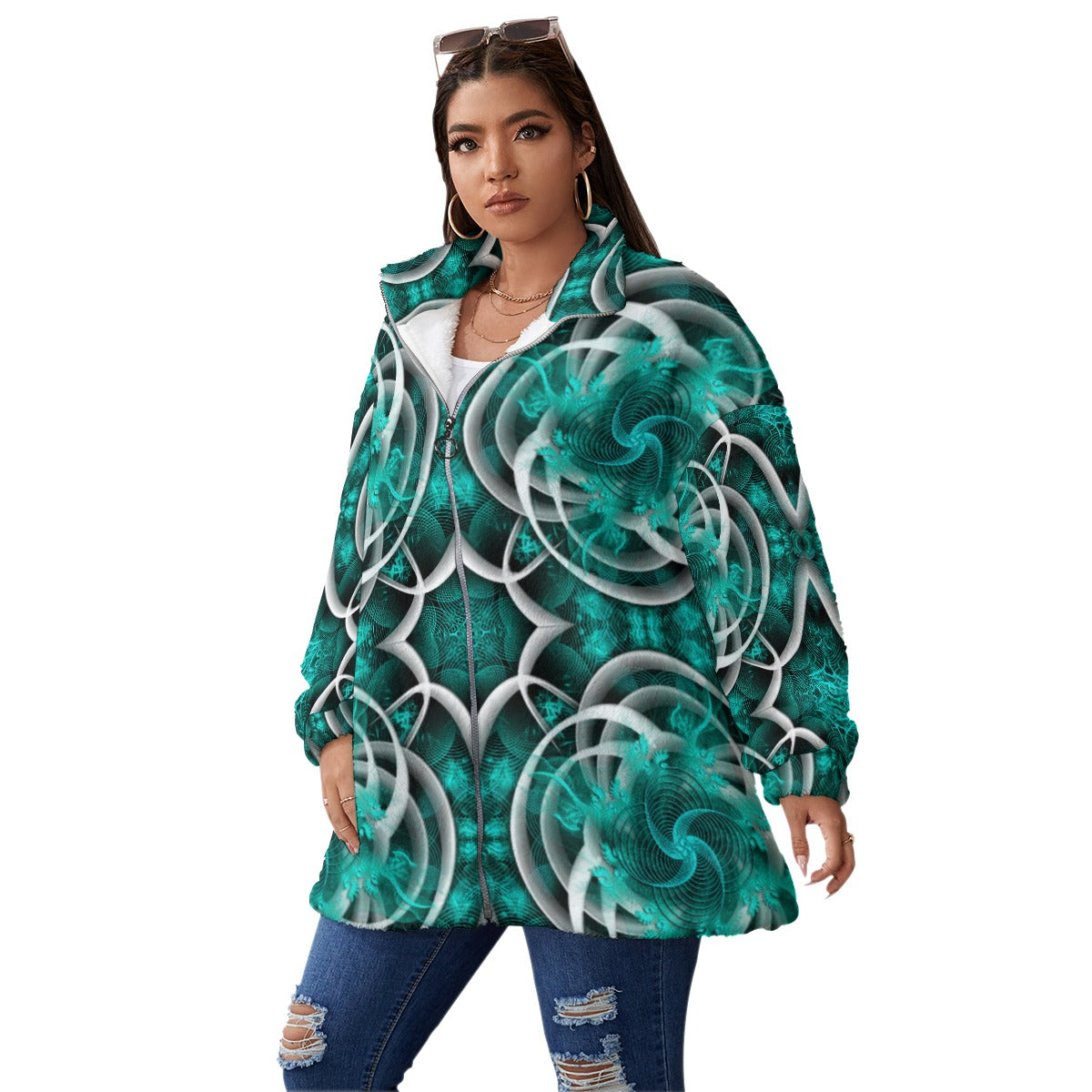 All-Over Print Unisex Borg Fleece Stand-up Collar Coat With Zipper Closure(Plus Size)