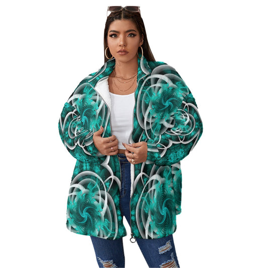 All-Over Print Unisex Borg Fleece Stand-up Collar Coat With Zipper Closure(Plus Size)