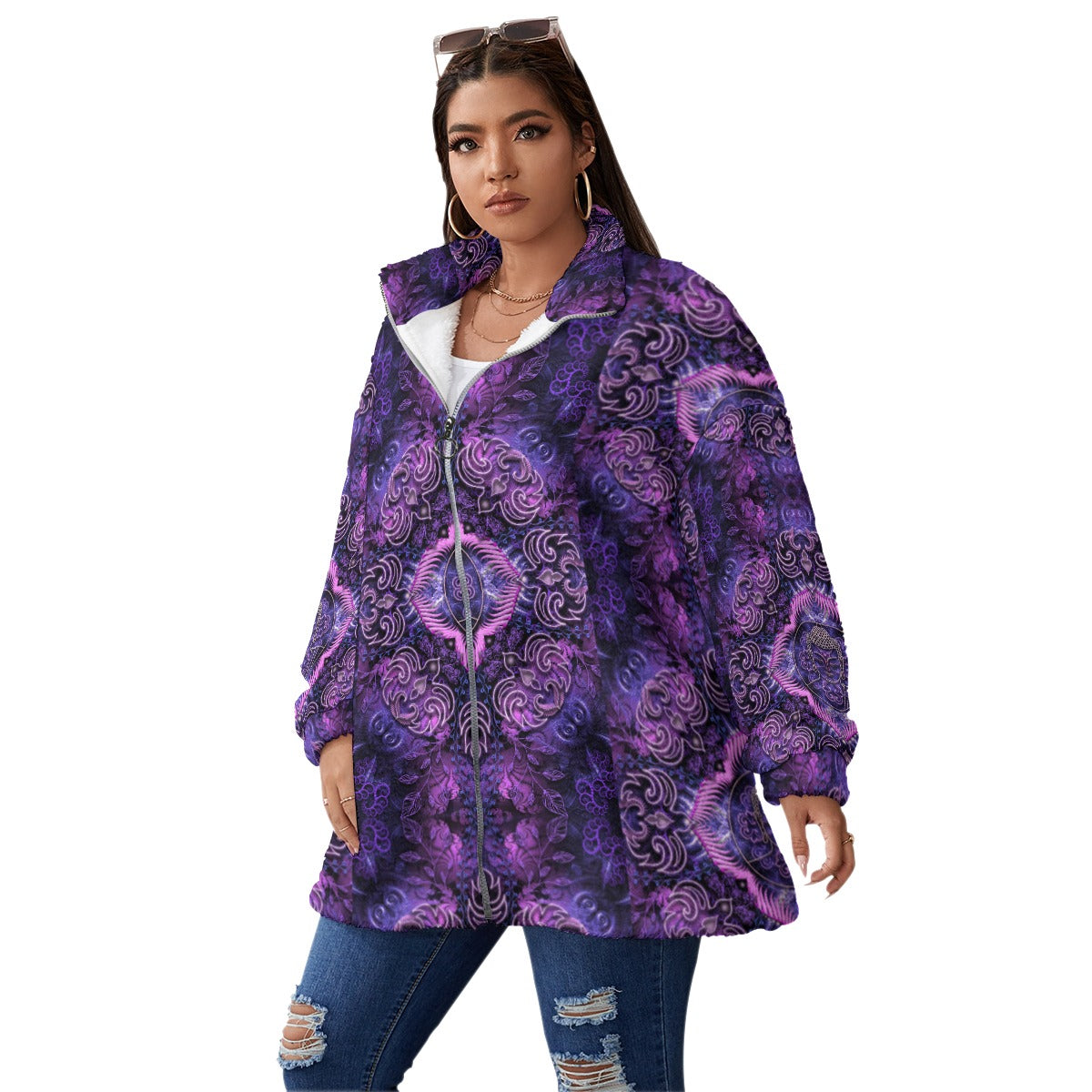 All-Over Print Unisex Borg Fleece Stand-up Collar Coat With Zipper Closure(Plus Size)