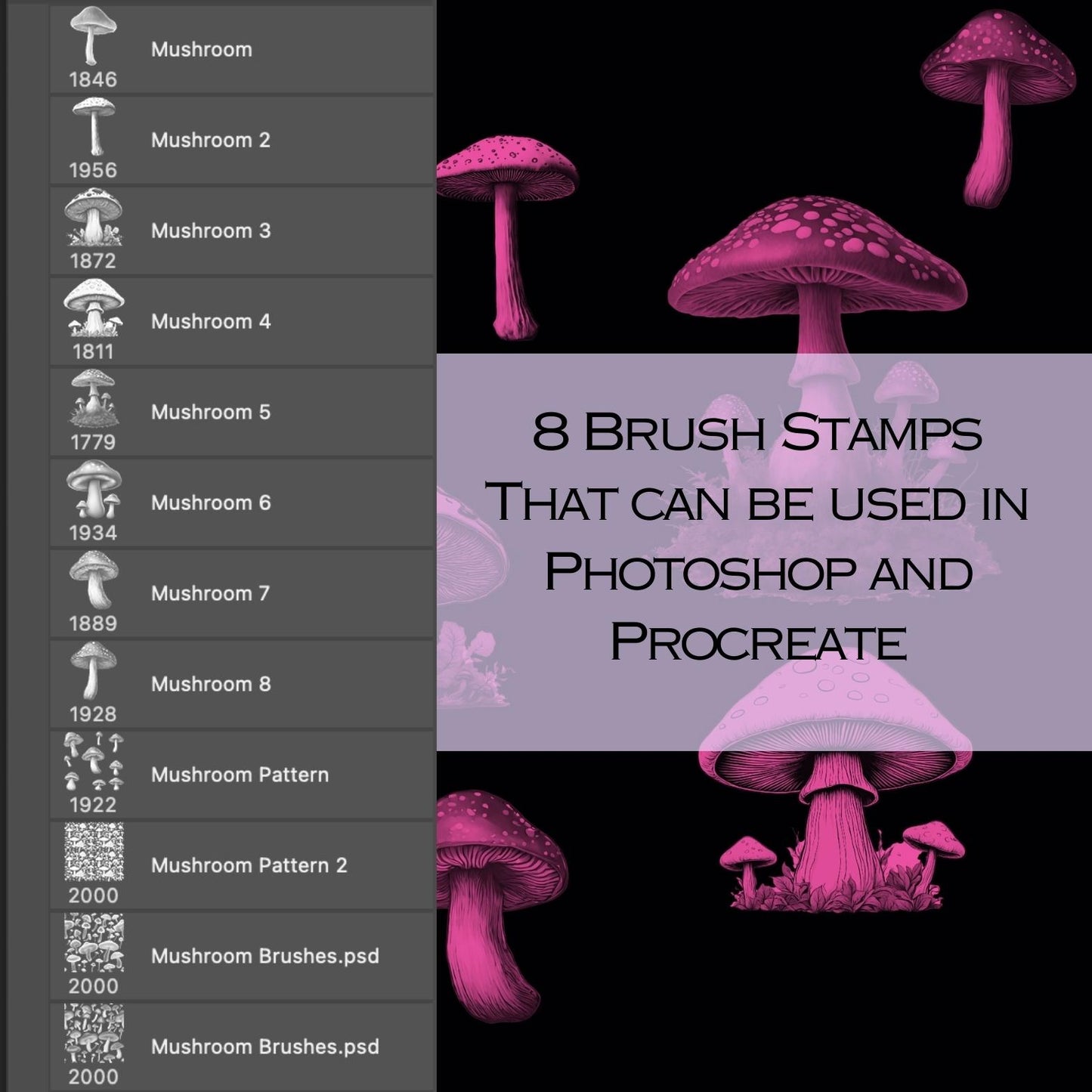 Mushroom Brushes and Stamps, PNG pack, Backgrounsd, and Bonus items!