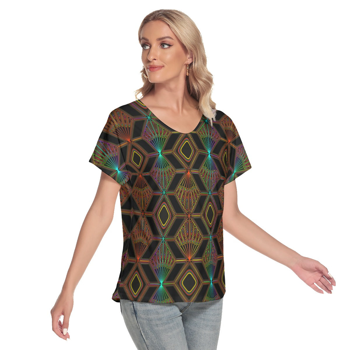 Mandala Women's Loose V-neck Short Sleeve T-shirt