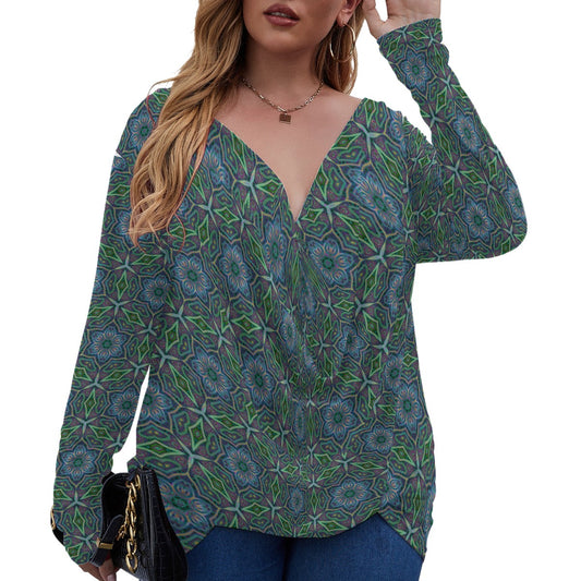 All-Over Print Women's V-neck Plus Draped Longline T-shirt With Long Sleeve (Plus Size)