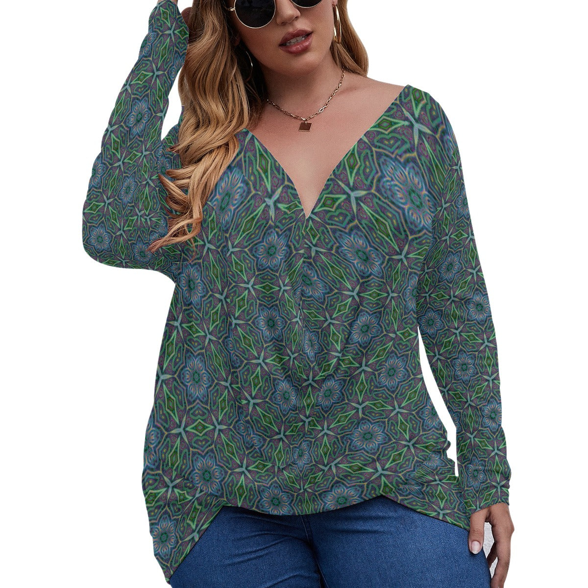 All-Over Print Women's V-neck Plus Draped Longline T-shirt With Long Sleeve (Plus Size)