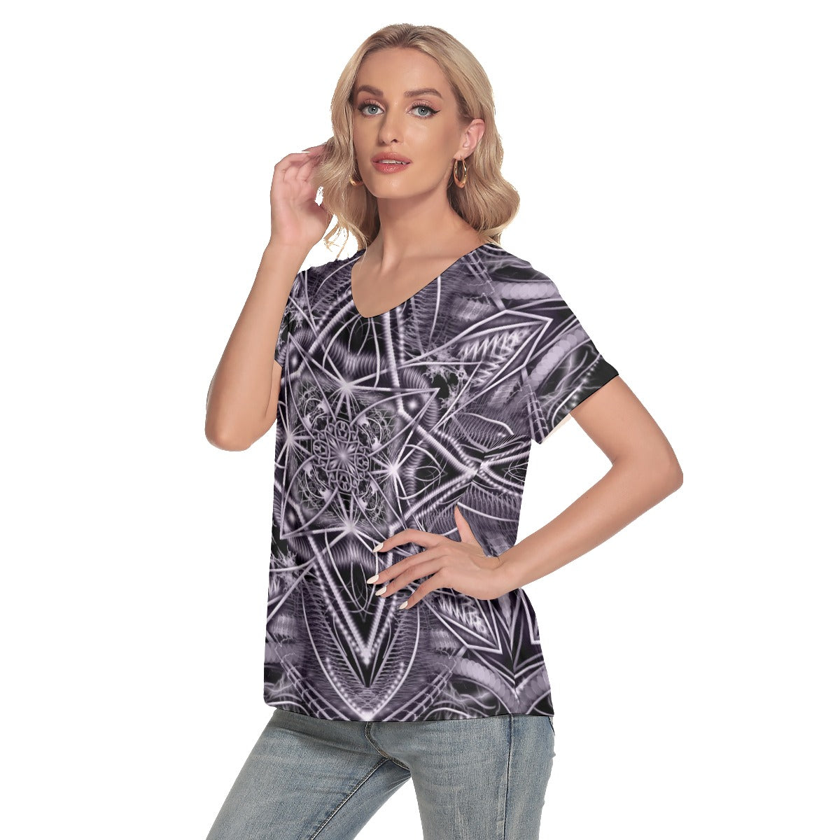 Mandala Women's Loose V-neck Short Sleeve T-shirt