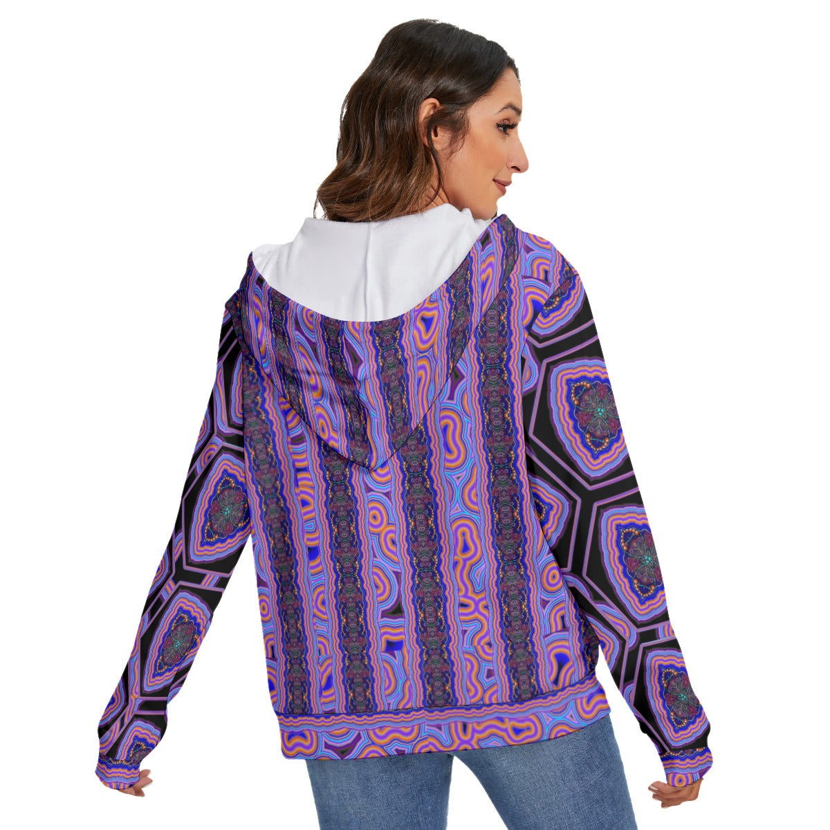 Kaleidoscopic Print Women's Heavy Fleece Zip-on-the-Side Hoodie