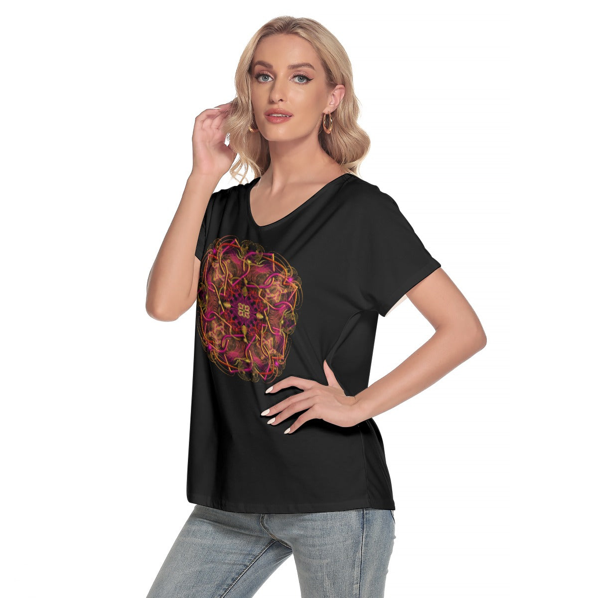 Mandala Women's Loose V-neck Short Sleeve T-shirt