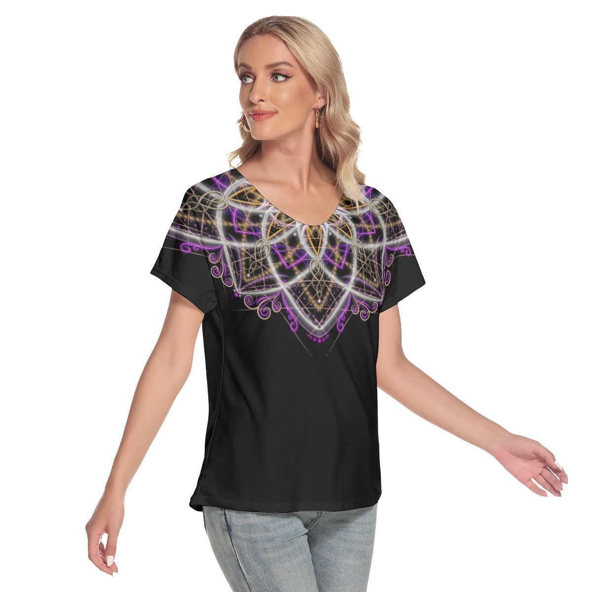 Mandala Women's Loose V-neck Short Sleeve T-shirt