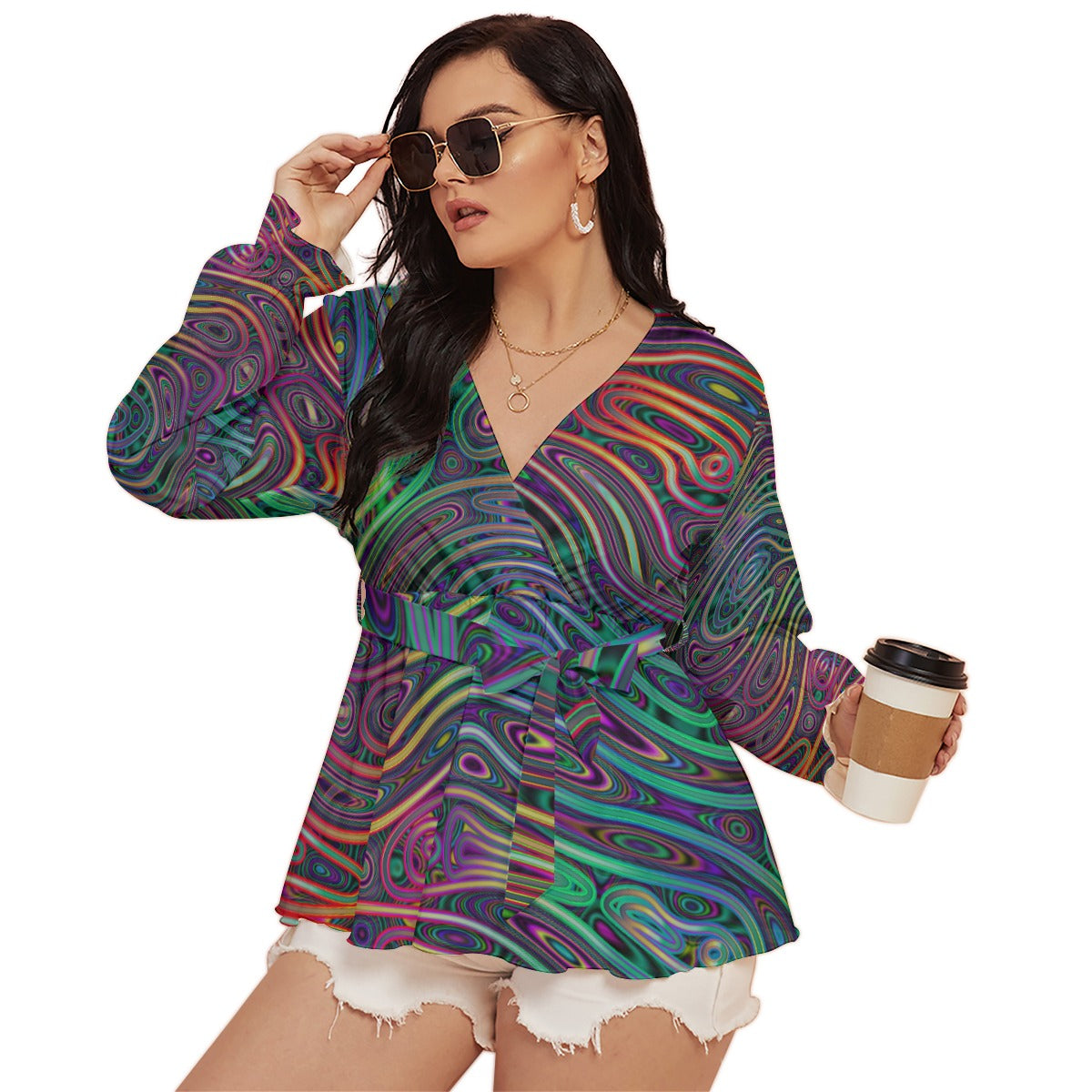 Psychedelic Swirl All-Over Print Women's V-neck T-shirt With Waistband (Plus Size)