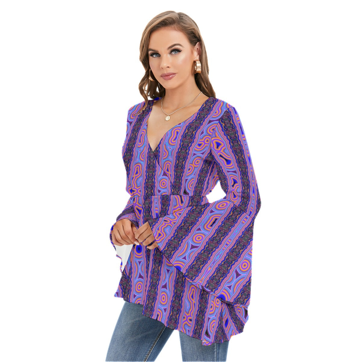 All-Over Print Women's V-neck Blouse With Flared Sleeves