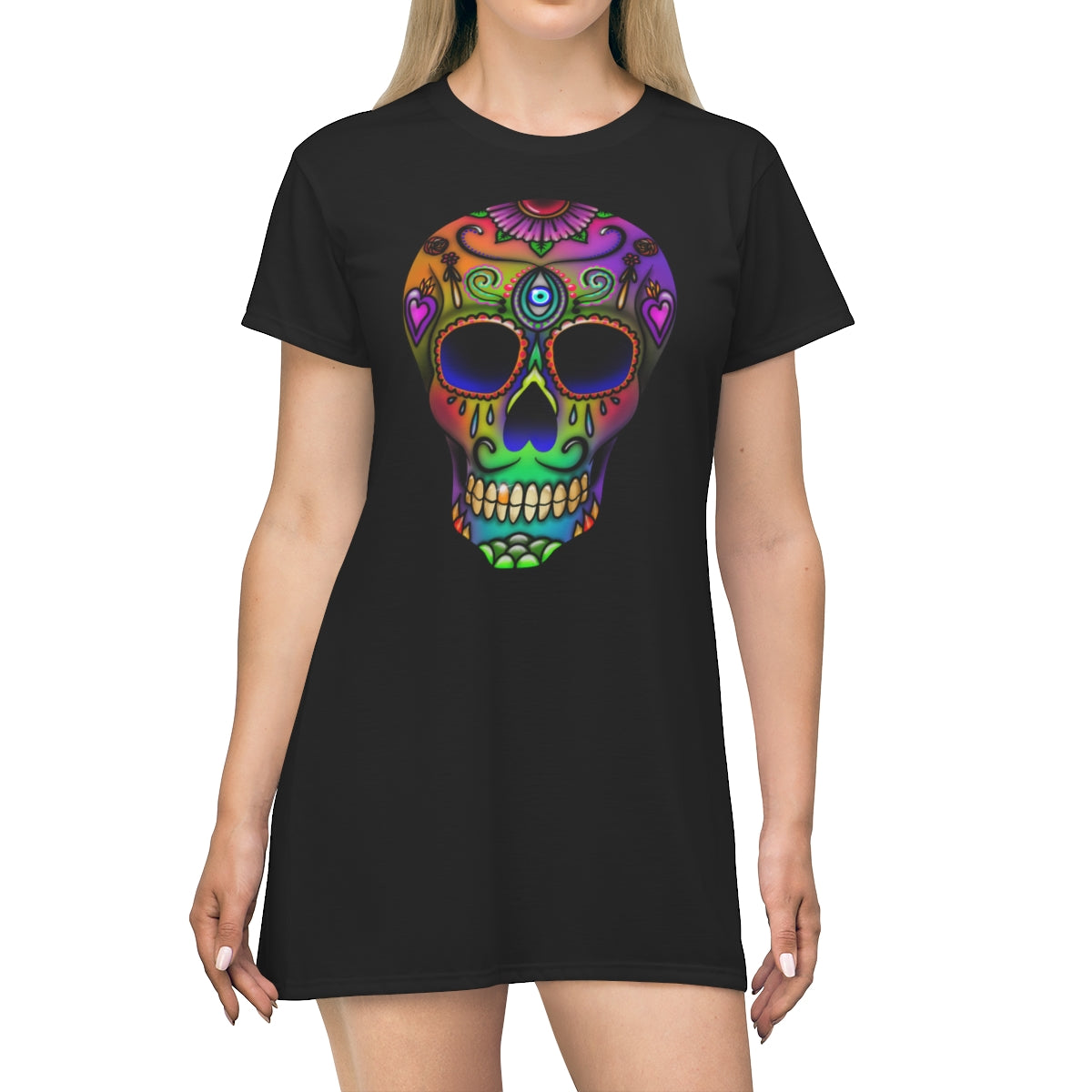 Sugar Skull All Over Print T-Shirt Dress